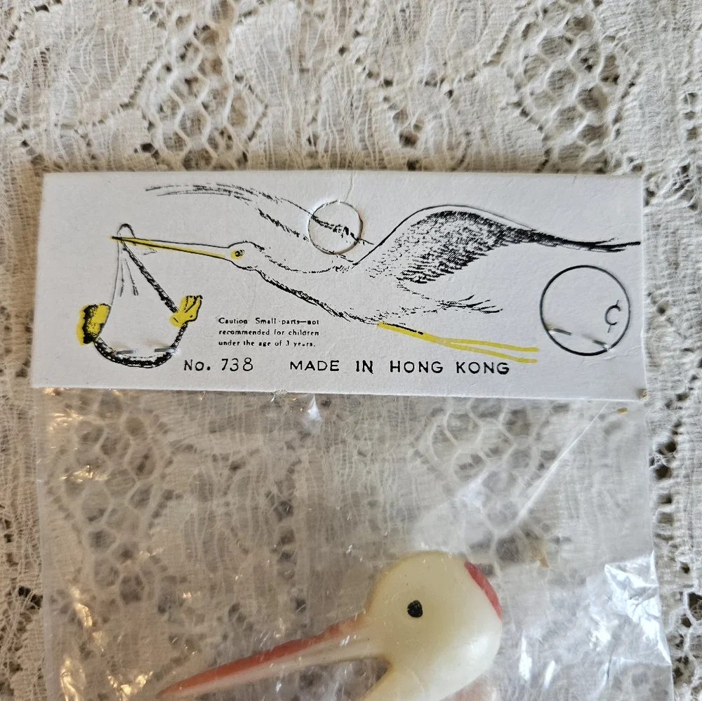Vintage Hard Plastic Stork Cake Topper Craft Supply or Decoration Hong Kong Made